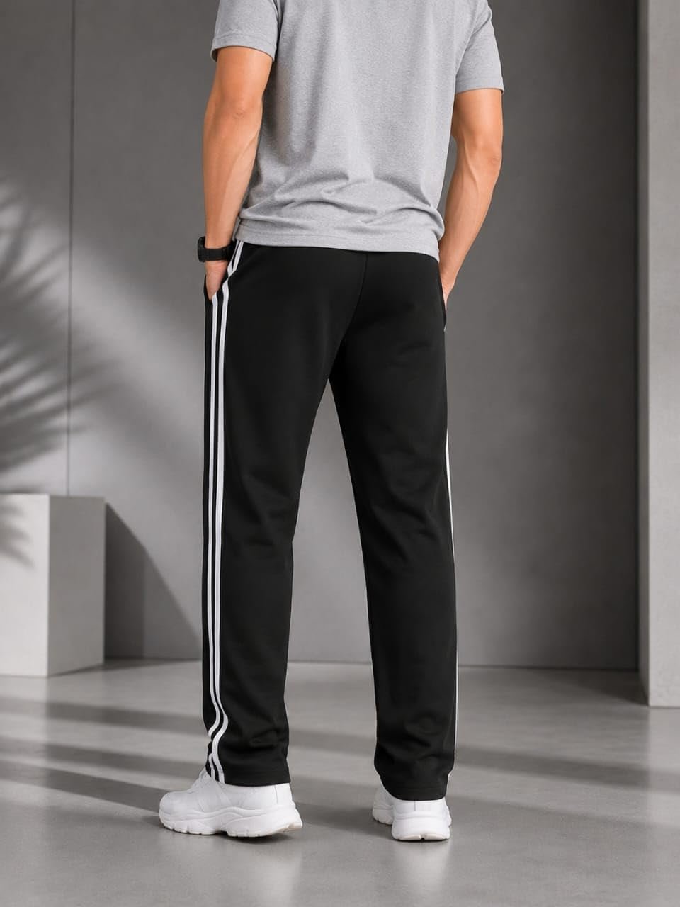 Men's Black Track Pants with White Side Stripes - Image 2