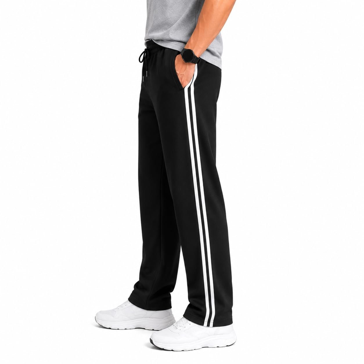 Men's Black Track Pants with White Side Stripes, Drawstring - Image 3