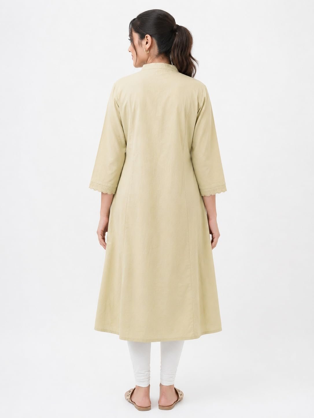 Women's Plain Kurti, Mustard Yellow, A-Line Silhouette, Mandarin Collar, 3/4 Sleeves, Ethnic Comfort Wear (in, Alpha, CREAM-04) - Image 3