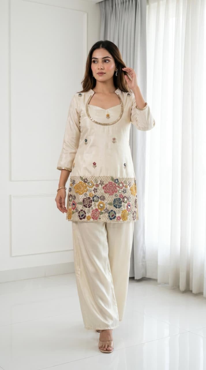 F2G Fashion Women's Silk Blend Embroidered Short Kurti with Wide-Leg Palazzo Pant Set | Ethnic Co-Ord Set for Festive, Party (Off-White/Cream) (in, Alpha, Regular, Off-White) - Image 9