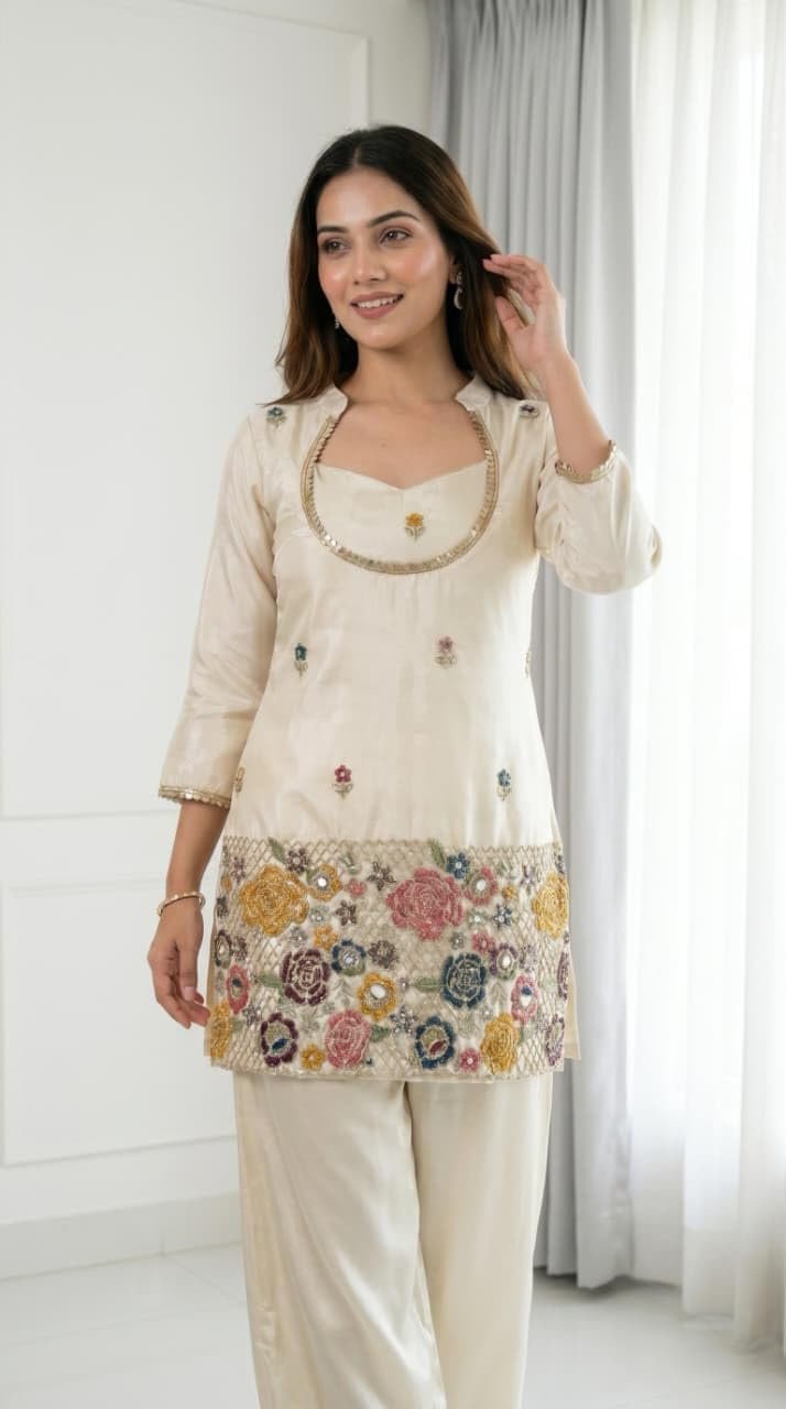 F2G Fashion Women's Silk Blend Embroidered Short Kurti with Wide-Leg Palazzo Pant Set | Ethnic Co-Ord Set for Festive, Party (Off-White/Cream) (in, Alpha, Regular, Off-White) - Image 6