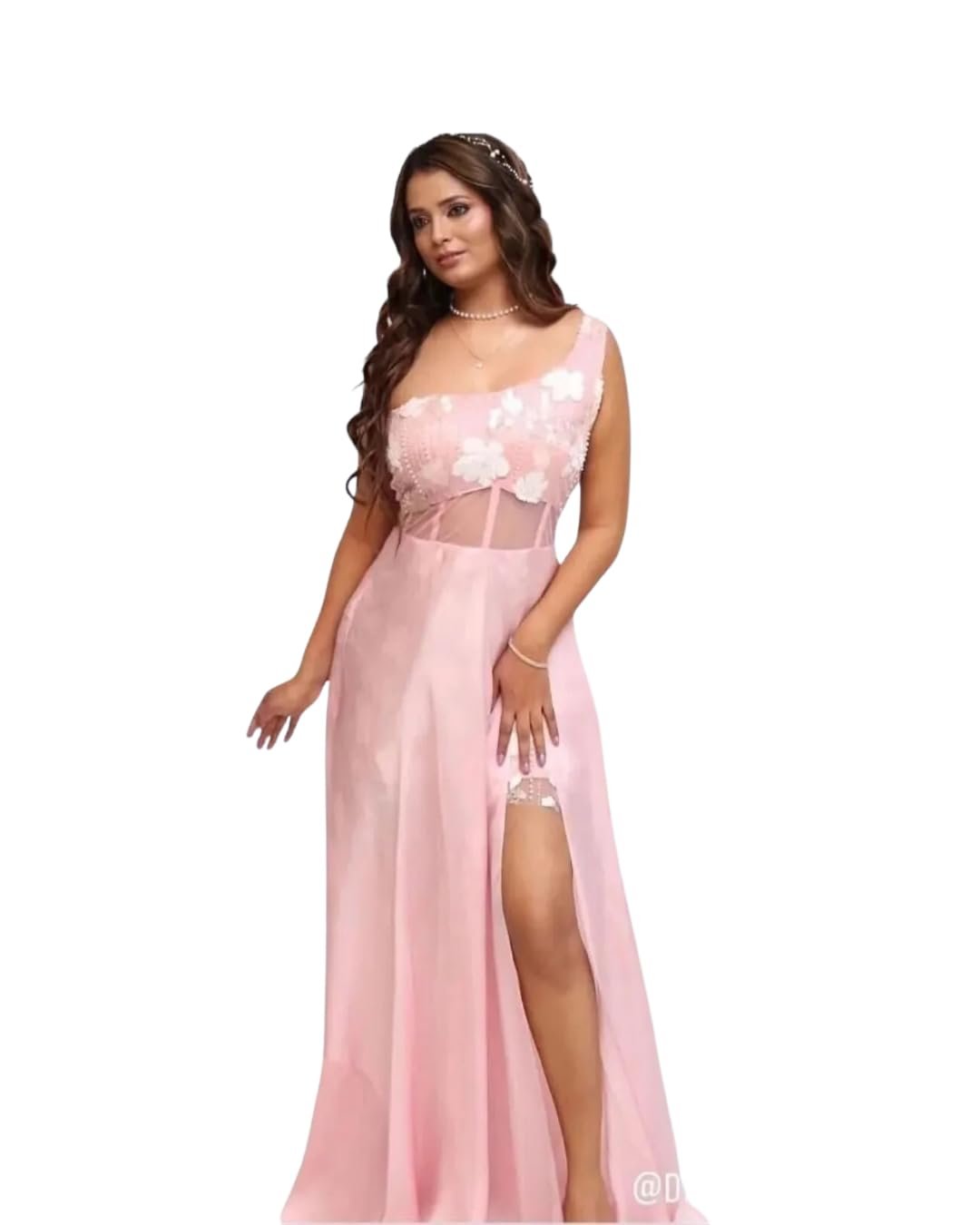 Light Pink Georgette Gown with Embroidered York and Front Slit by Dressly