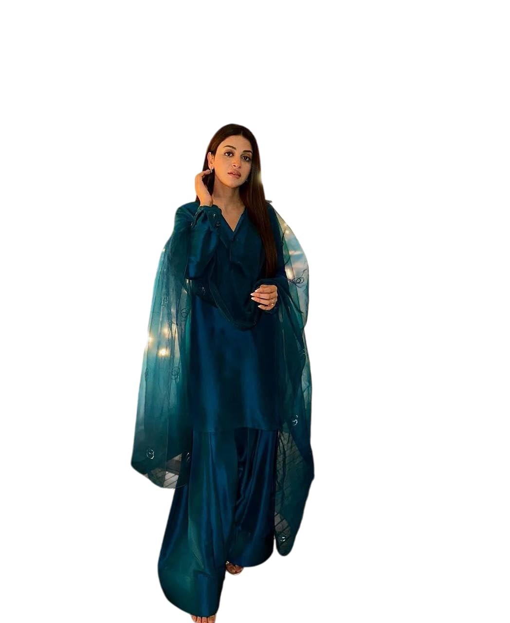 Women's Fendi Silk Solid Muslim Straight Kurti with Pant and Dupatta Set (Blue)