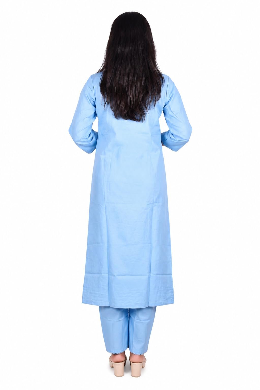 Sky Blue Pure Cotton Kurti Set with Artisanal Embroidery & Handcrafted Floral Dupatta|AYA FASHION - Image 4