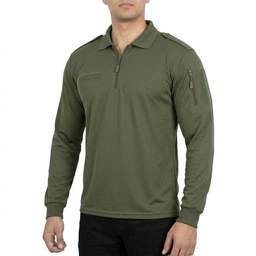 Military Inspired Tactical Polo T-Shirt for Men | Olive Green Full Sleeve Cotton Blend Army Style Outdoor Training Tee with Utility Pocket (in, Numeric, 42, Regular)