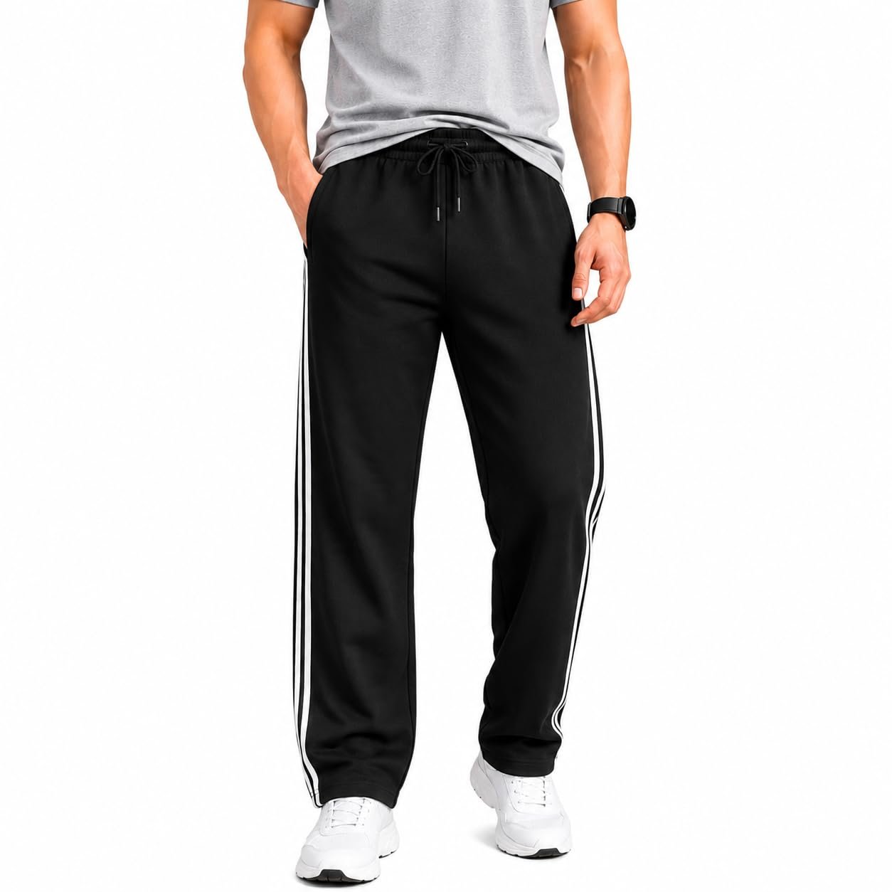 Men's Black Track Pants with White Side Stripes, Drawstring