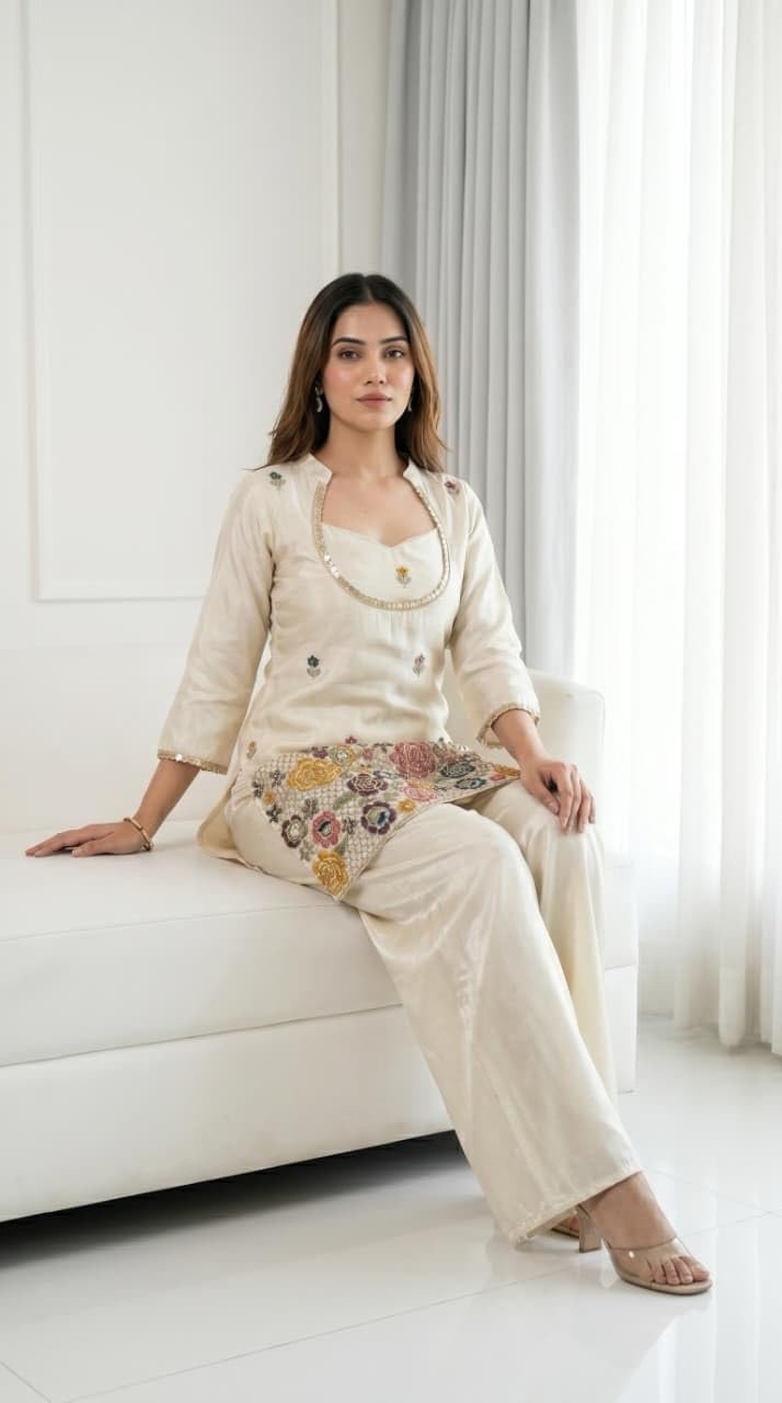 F2G Fashion Women's Silk Blend Embroidered Short Kurti with Wide-Leg Palazzo Pant Set | Ethnic Co-Ord Set for Festive, Party (Off-White/Cream) (in, Alpha, Regular, Off-White) - Image 4