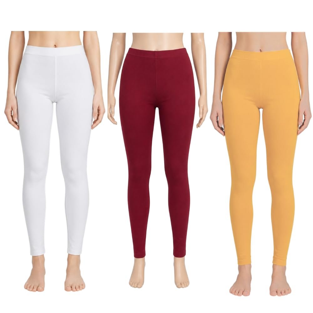 Women's Soft Cotton Stretch Fabric Leggings | Churidar Style, Indian Ethnic Wear Ultrasoft & Skin-Friendly, 4-Way Stretch Combo Legging Set | Pack of 3 (in, Alpha, 3XL, Regular, White, Sandel, Maroon) - Image 2