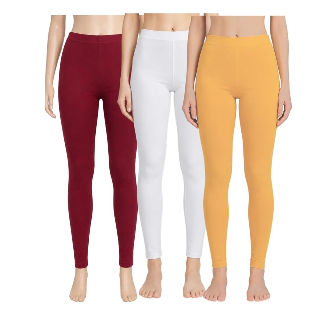 Women's Soft Cotton Stretch Fabric Leggings | Churidar Style, Indian Ethnic Wear Ultrasoft & Skin-Friendly, 4-Way Stretch Combo Legging Set | Pack of 3 (in, Alpha, 3XL, Regular, White, Sandel, Maroon) - Image 5
