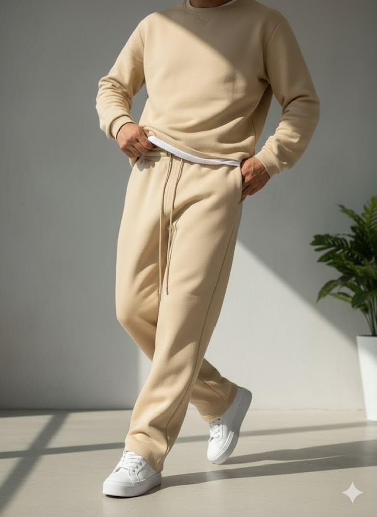 Men's Baggy Beige Track Pants | Oversized Loose Fit Sweatpants | Comfortable Fleece Joggers for Casual Wear (in, Alpha, M, Big, Beige) - Image 3