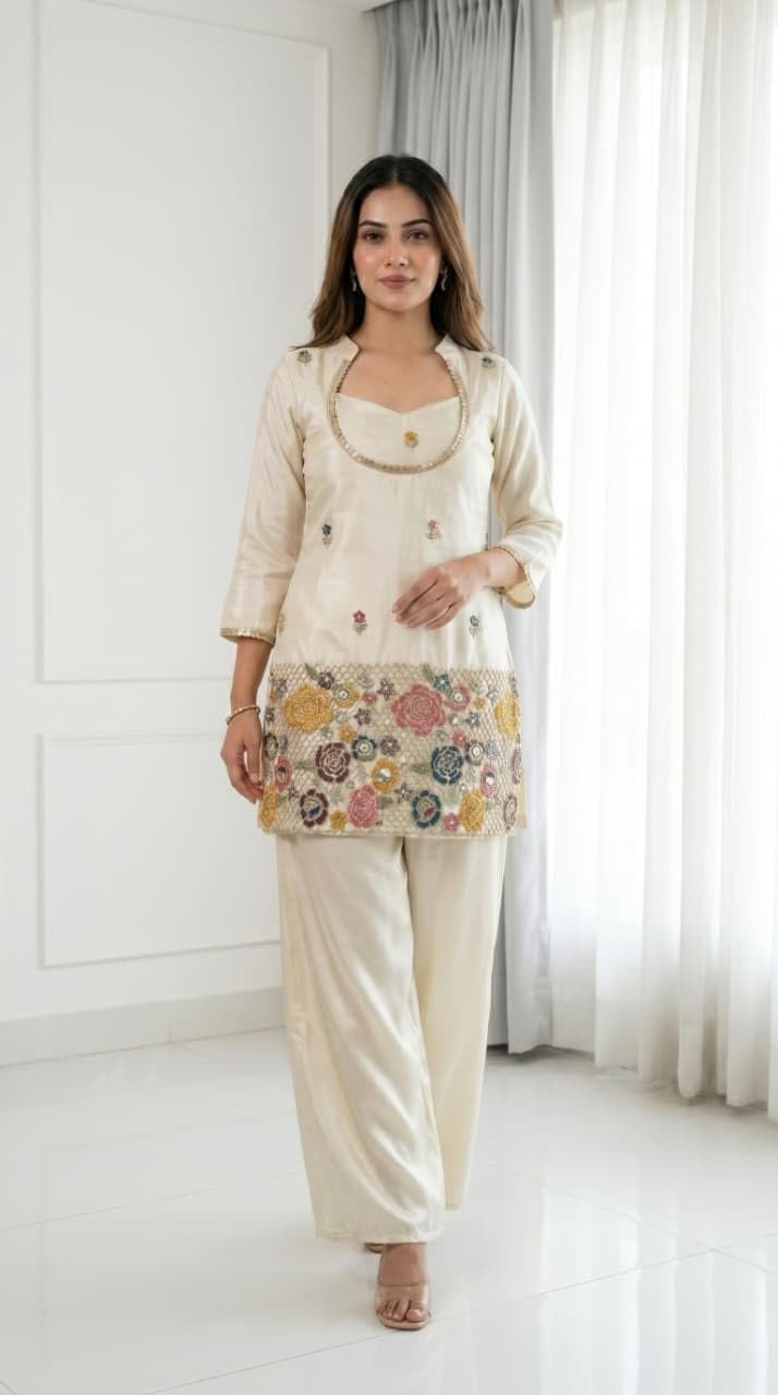 F2G Fashion Women's Silk Blend Embroidered Short Kurti with Wide-Leg Palazzo Pant Set | Ethnic Co-Ord Set for Festive, Party (Off-White/Cream) (in, Alpha, Regular, Off-White) - Image 5