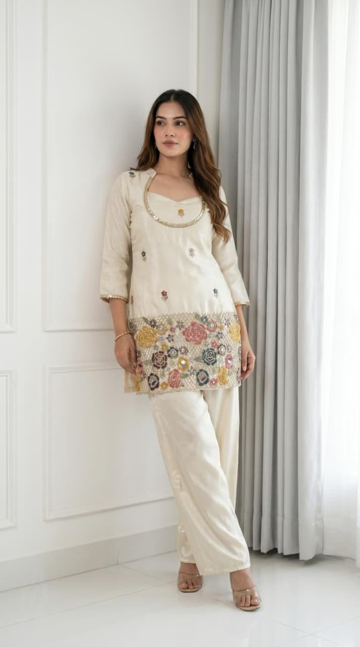 F2G Fashion Women's Silk Blend Embroidered Short Kurti with Wide-Leg Palazzo Pant Set | Ethnic Co-Ord Set for Festive, Party (Off-White/Cream) (in, Alpha, Regular, Off-White) - Image 7