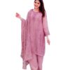 Women's Faux Georgette Embroidery Work Straight Kurti with Pant and Dupatta Set (Onion Pink)