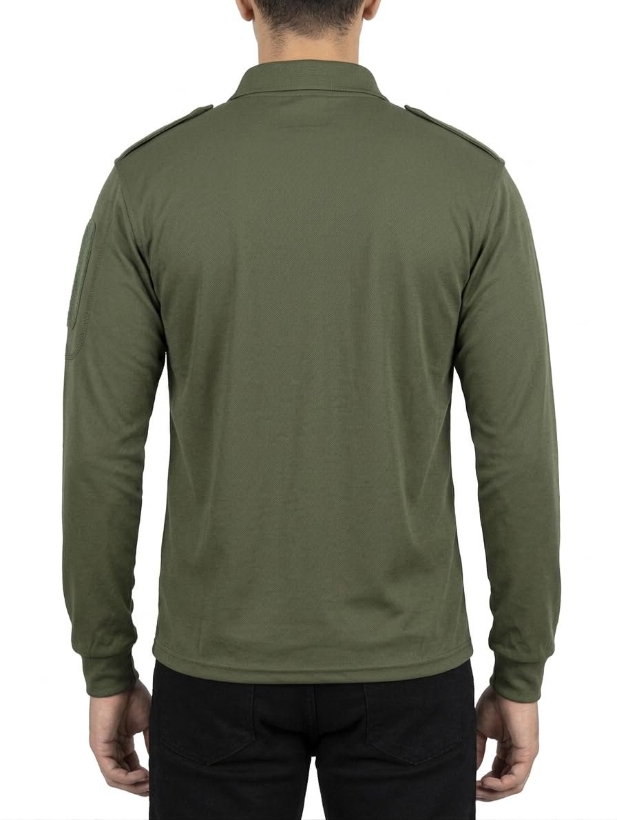 Military Inspired Tactical Polo T-Shirt for Men | Olive Green Full Sleeve Cotton Blend Army Style Outdoor Training Tee with Utility Pocket (in, Numeric, 42, Regular) - Image 2