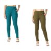 Womens Solid Side Pocket Soft Cotton Stretchable Leggings (Pack of 2) Green,Mehndi