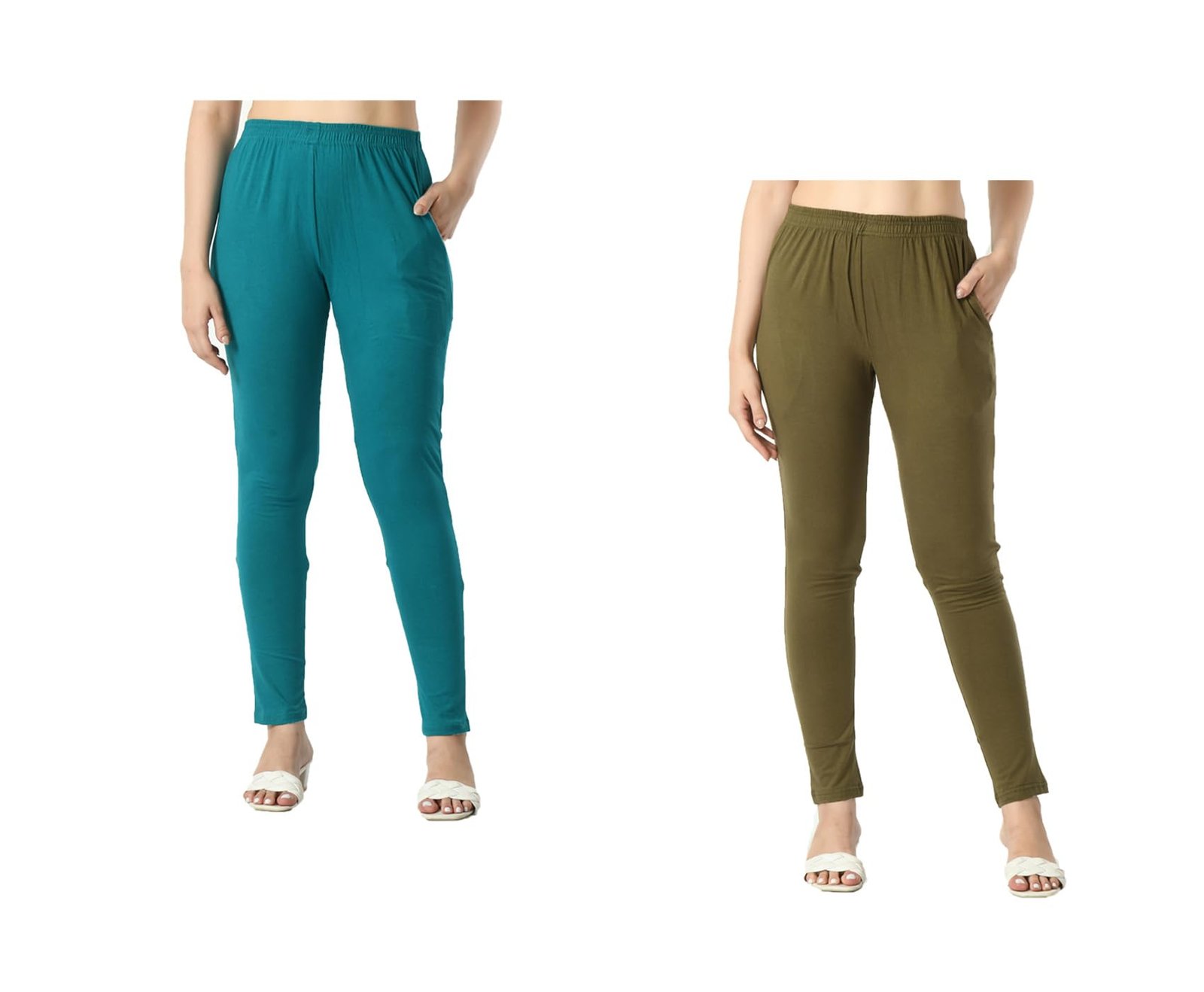 Womens Solid Side Pocket Soft Cotton Stretchable Leggings (Pack of 2) Green,Mehndi