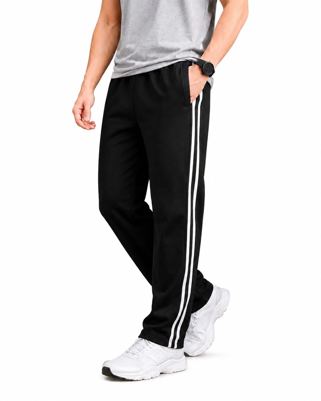 Men's Black Track Pants with White Side Stripes