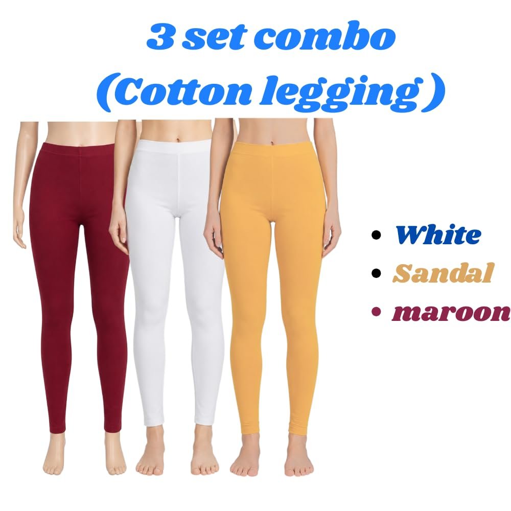 Women's Soft Cotton Stretch Fabric Leggings | Churidar Style, Indian Ethnic Wear Ultrasoft & Skin-Friendly, 4-Way Stretch Combo Legging Set | Pack of 3 (in, Alpha, 3XL, Regular, White, Sandel, Maroon) - Image 4