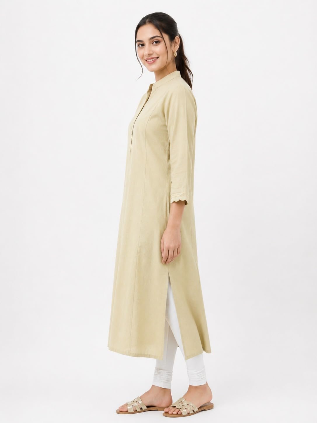 Women's Plain Kurti, Mustard Yellow, A-Line Silhouette, Mandarin Collar, 3/4 Sleeves, Ethnic Comfort Wear (in, Alpha, CREAM-04)