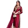 Aadhiraj Women's Satin Silk Embroidered Straight Kurti with Pant & Dupatta Set (Red)