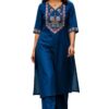 Women's Cotton V-Neck Kurta Set, 3/4 Sleeve Embroidered Festive and Occasion Straight Kurti with Matching Palazzo Pants Blue 3XL