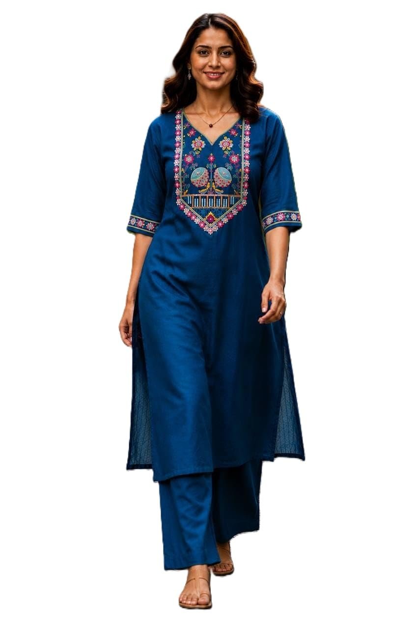 Women's Cotton V-Neck Kurta Set, 3/4 Sleeve Embroidered Festive and Occasion Straight Kurti with Matching Palazzo Pants Blue 3XL
