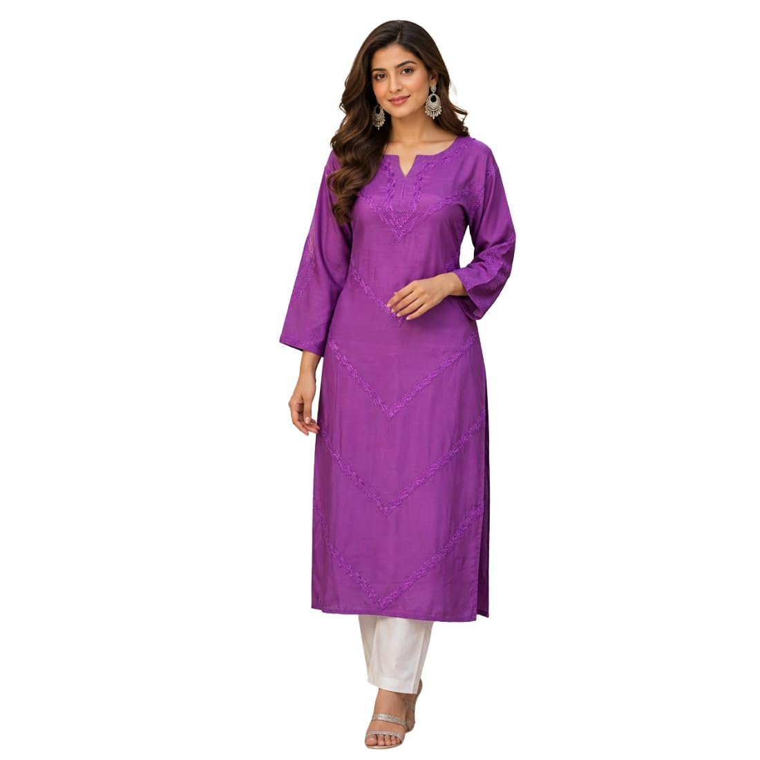 Women's Purple Maslin Kurti with Chikankari Hand Embroidered V Pattern, Long Sleeves, Casual Wear (in, Alpha, Regular, Purple)