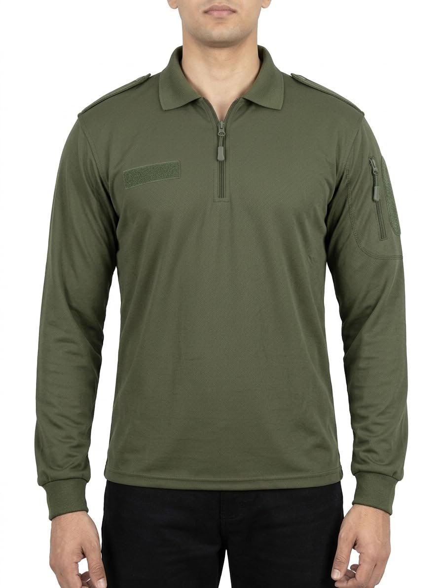 Military Inspired Tactical Polo T-Shirt for Men | Olive Green Full Sleeve Cotton Blend Army Style Outdoor Training Tee with Utility Pocket (in, Numeric, 42, Regular) - Image 4