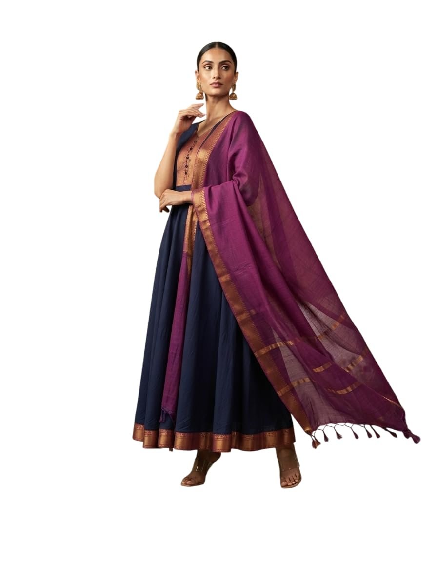 Women's Beautiful Kanchi Cotton with Jacquard Less with Embroidery Gownn & Dupatta Set Anarkali Gown3/4 Sleeve with Less Ethnic Gown and Dupatta Set Gown (in, Alpha, Regular, Women, Blue)