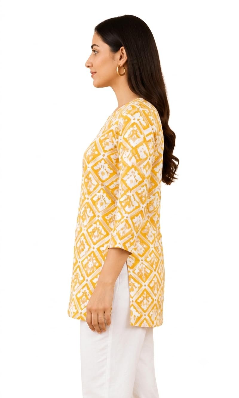 Women's Cotton Cambric Printed Short Kurti | Regular Fit | 3/4 Sleeve | Casual Ethnic Top (in, Alpha, Regular, Yellow) - Image 4