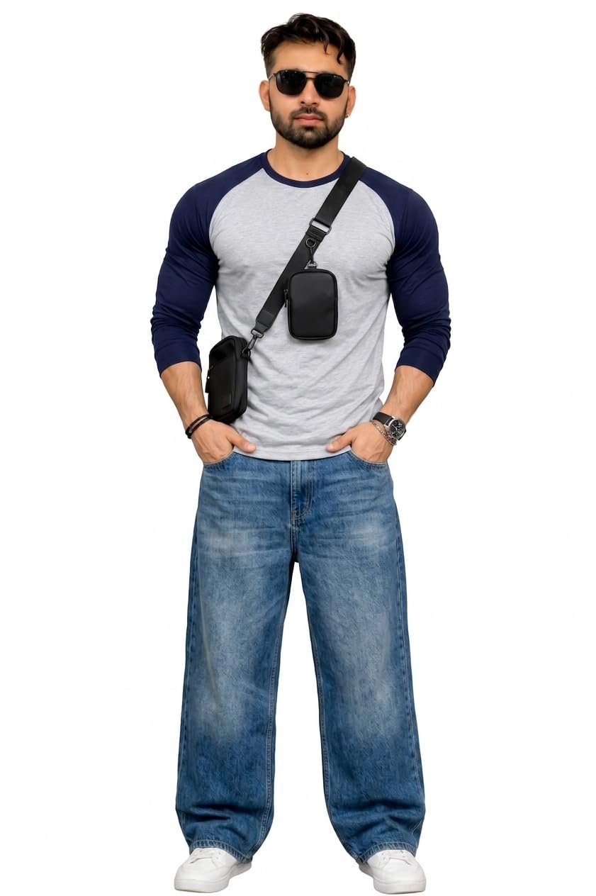 HIMAALAYAN Men's Raglan Full Sleeve T-Shirt Grey Melange & Navy