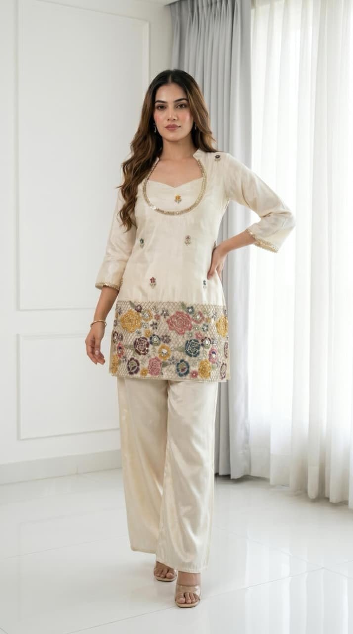 F2G Fashion Women's Silk Blend Embroidered Short Kurti with Wide-Leg Palazzo Pant Set | Ethnic Co-Ord Set for Festive, Party (Off-White/Cream) (in, Alpha, Regular, Off-White) - Image 8