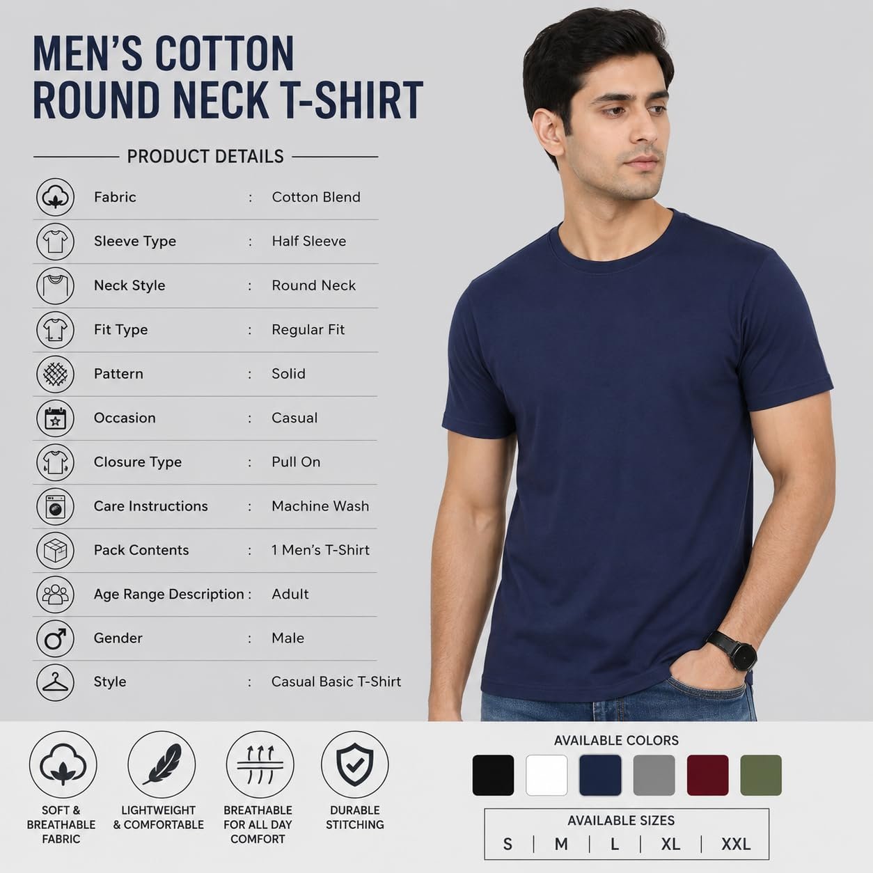 Men’s Cotton Round Neck Half Sleeve T-Shirt | Casual Regular Fit Solid T-Shirt for Men Blue