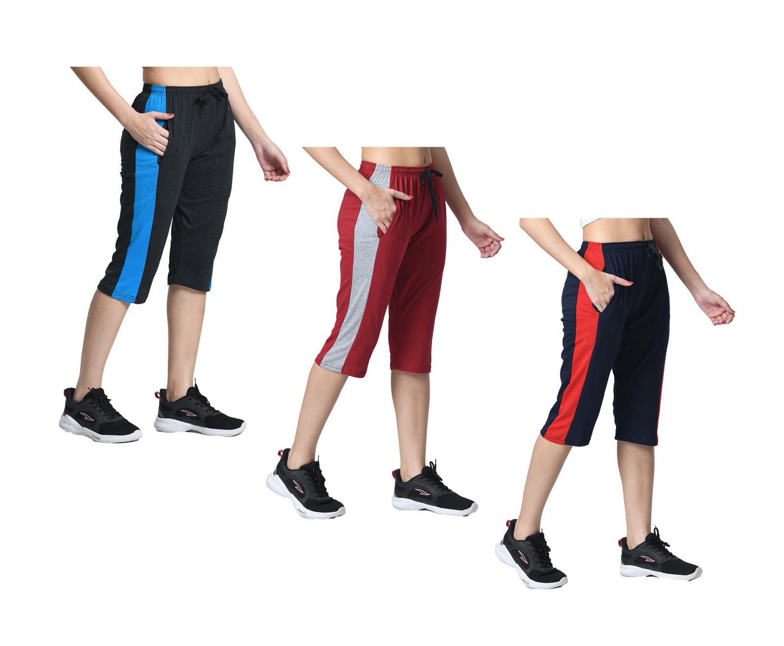 Women Solid Cotton Side Patta Capri 3/4th Leggings (Pack of 3) Silver,Maroon,Navy Blue