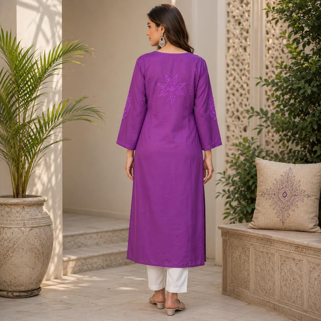 Women's Purple Maslin Kurti with Chikankari Hand Embroidered V Pattern, Long Sleeves, Casual Wear (in, Alpha, Regular, Purple) - Image 2