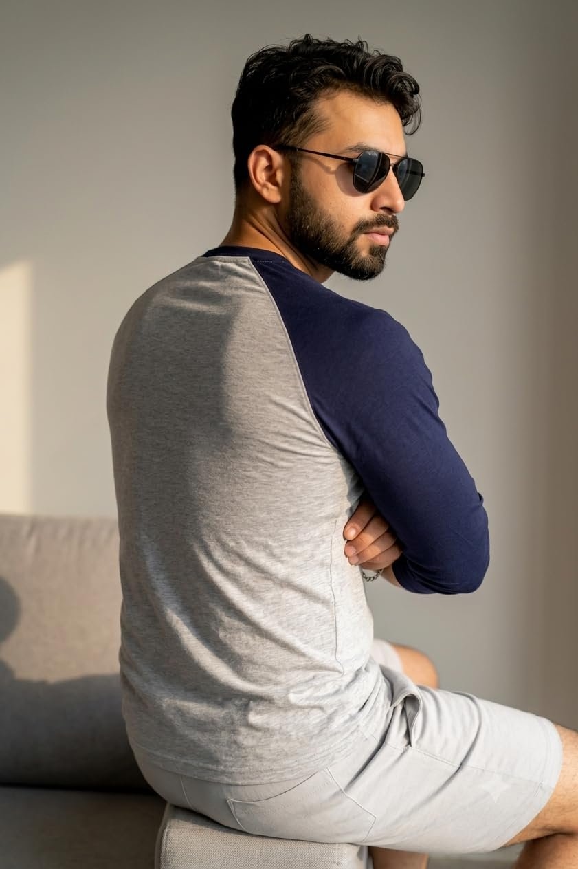 HIMAALAYAN Men's Raglan Full Sleeve T-Shirt Grey Melange & Navy - Image 4