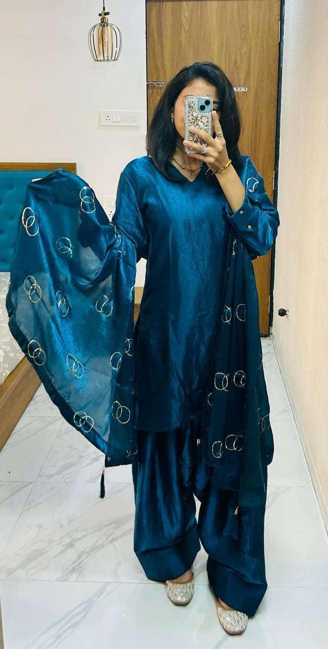 Women's Fendi Silk Solid Muslim Straight Kurti with Pant and Dupatta Set (Blue) - Image 3
