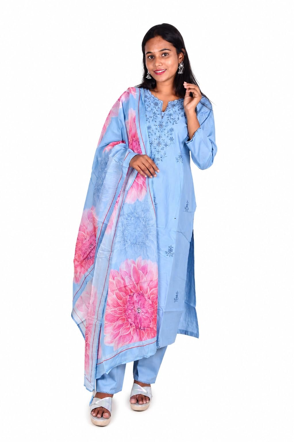 Sky Blue Pure Cotton Kurti Set with Artisanal Embroidery & Handcrafted Floral Dupatta|AYA FASHION