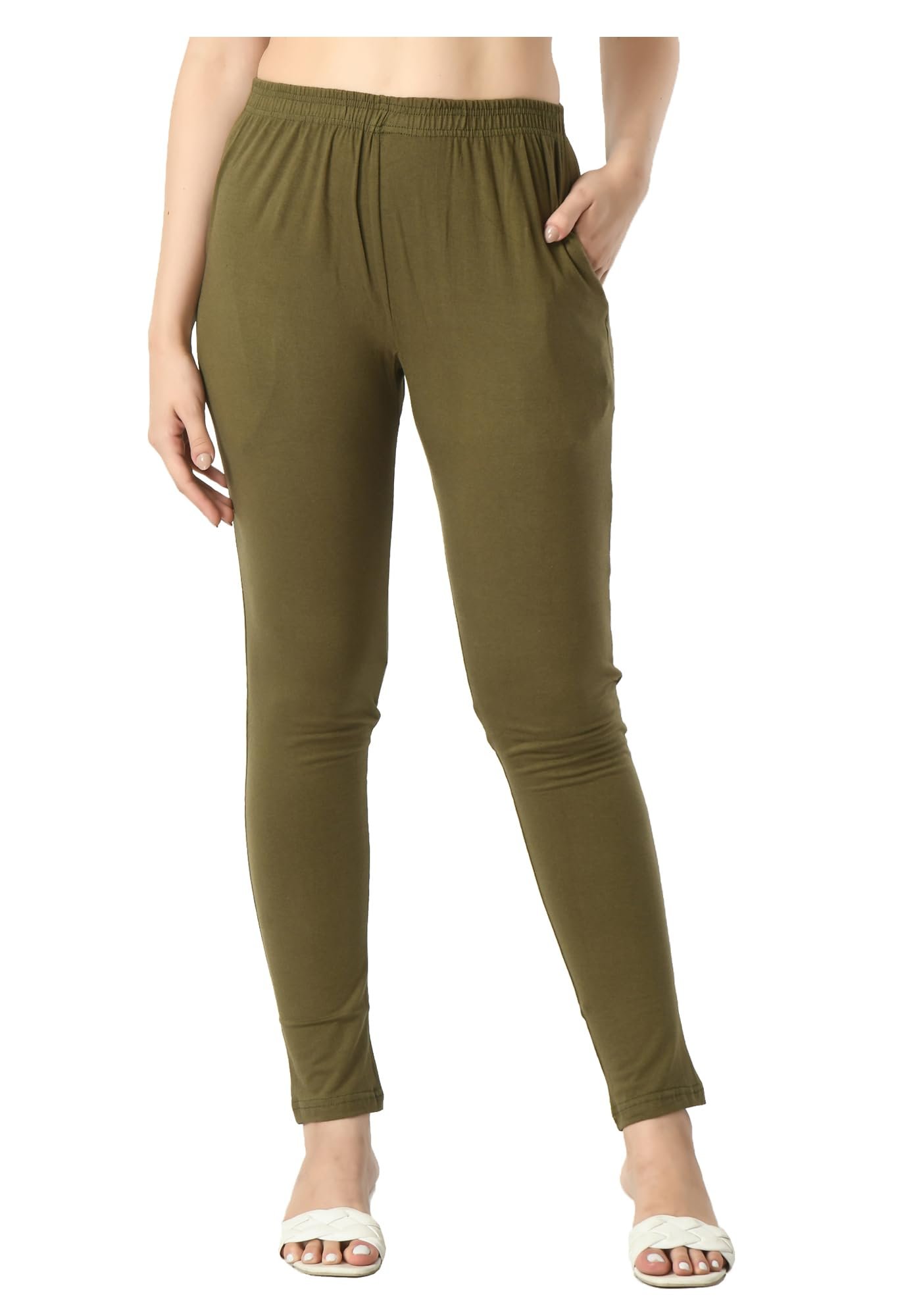 Womens Solid Side Pocket Soft Cotton Stretchable Leggings (Pack of 2) Yellow,Mehndi - Image 3