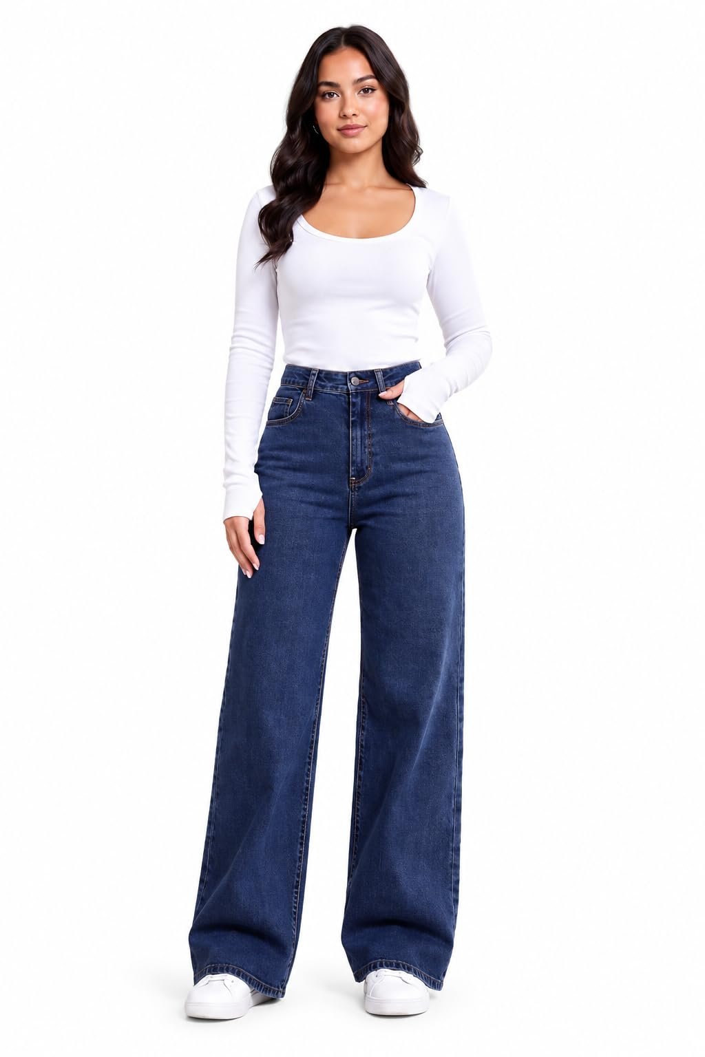 Women's High Rise Wide Leg Stretch Denim Jeans|| Dark Blue Denim for Girls|| Blue ||Relaxed fit Loose Jeans Women || Full Length Casual Denim Pants with 4 Pockets || Numeric 28, Regular, Standard