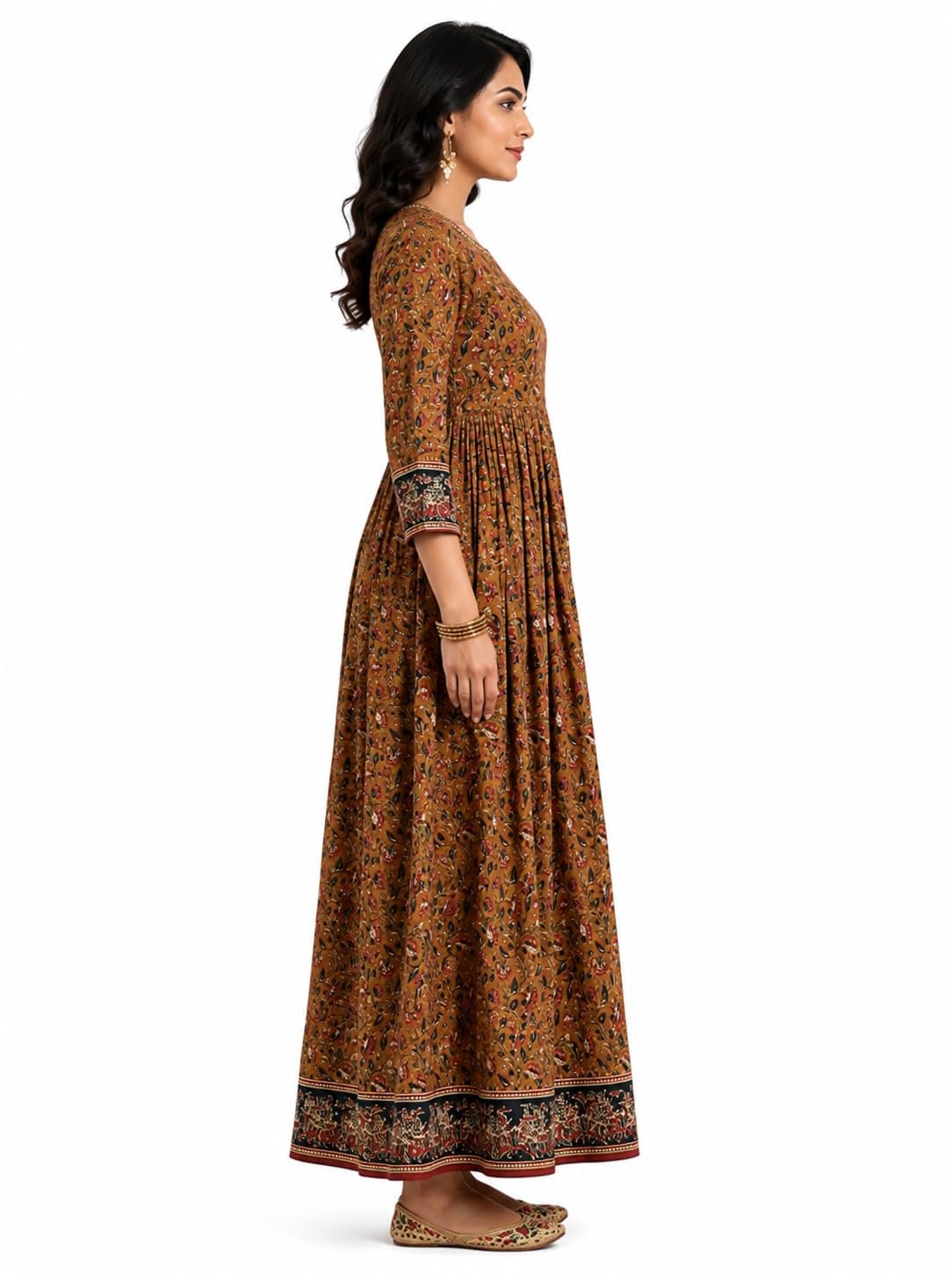 Women's Brown Floral Printed Cotton Anarkali Dress | Round Neck | 3/4 Sleeves | Full Length Ethnic Gown - Image 3