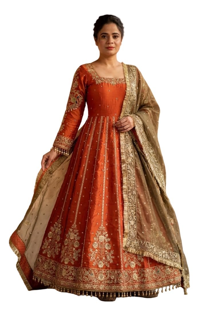 NOORBYNIDHI WOMEN'S LUXE FANDY SILK WITH EMBROIDERY & 5MM SEQUENCE WORK WITH FULL SLEEVE AND LACE|TRENDY TRENDY ETHNIC GOWN SET FOR WOMEN (253-313 ORANGE)