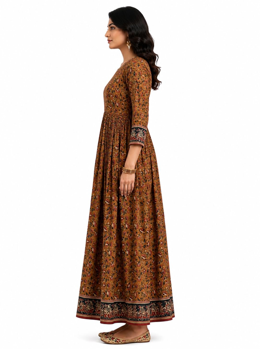 Women's Brown Floral Printed Cotton Anarkali Dress | Round Neck | 3/4 Sleeves | Full Length Ethnic Gown - Image 2