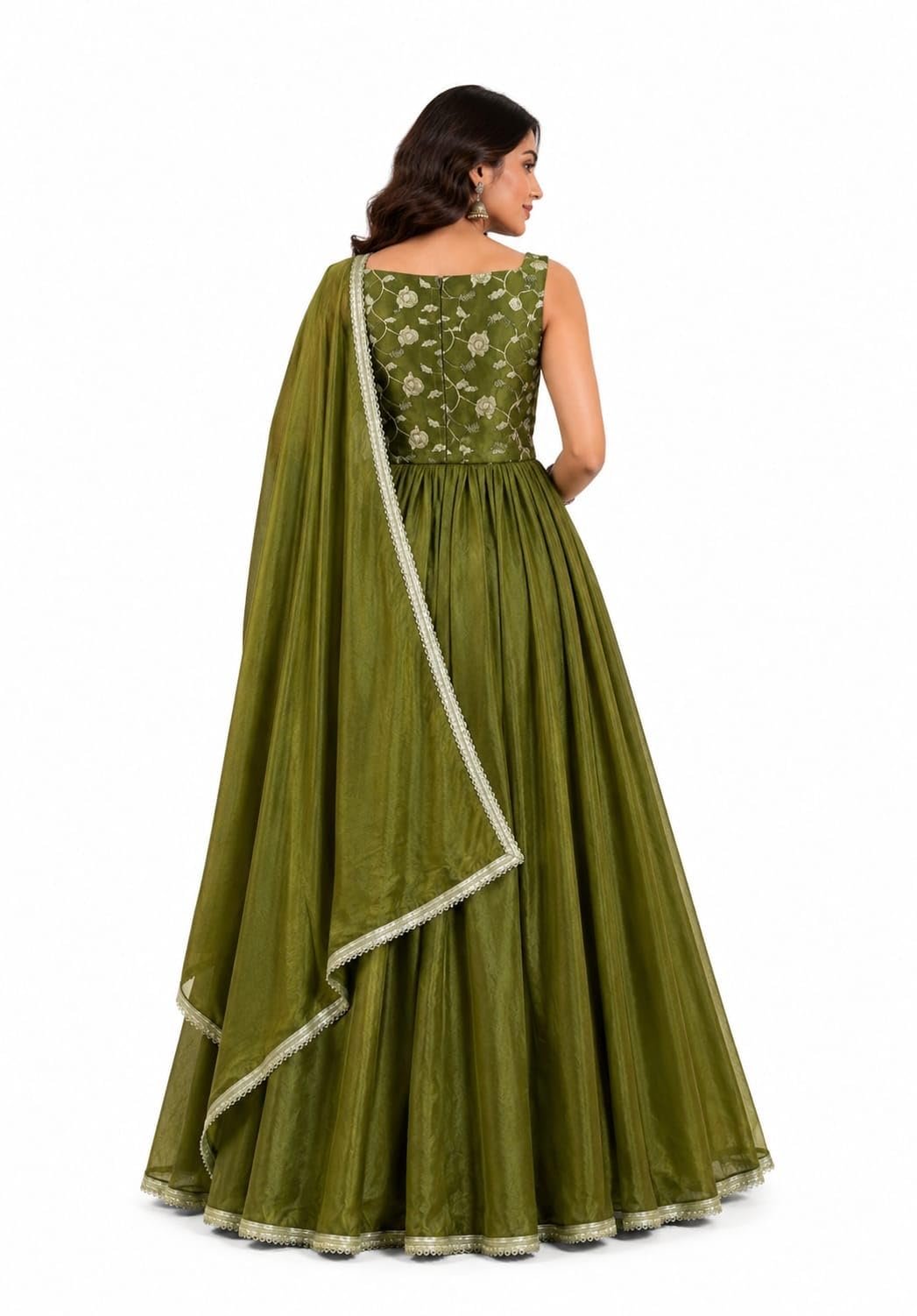 Women's Olive Green Anarkali Gown with Dupatta, Floral Embroidery - Image 2