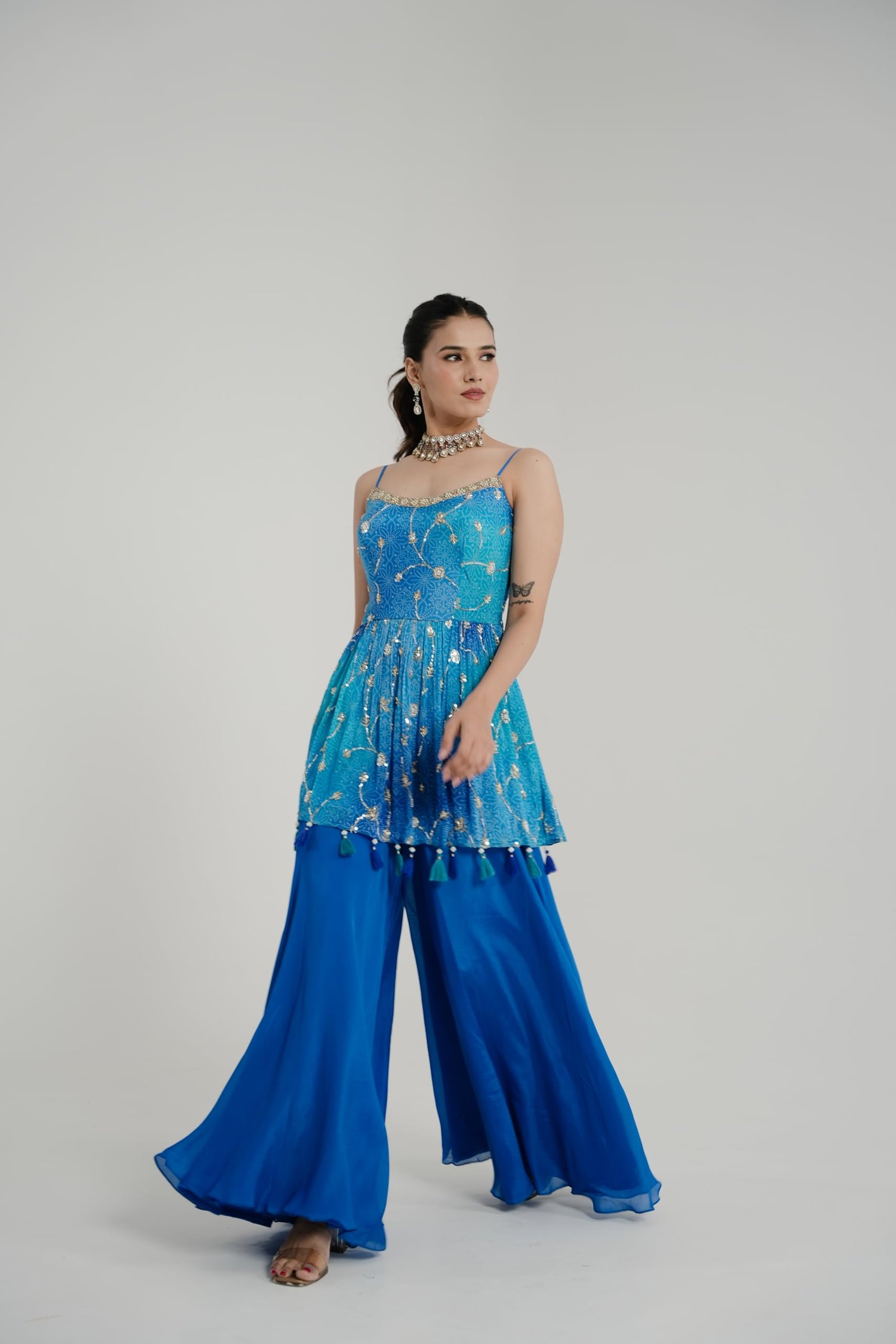 Designer Blue Palazzo Set with Embellished Short Kurti, Tassel Details, Sleeveless Top with Flared Pants (IN, Alpha, 2XL, Regular, Blue) - Image 6
