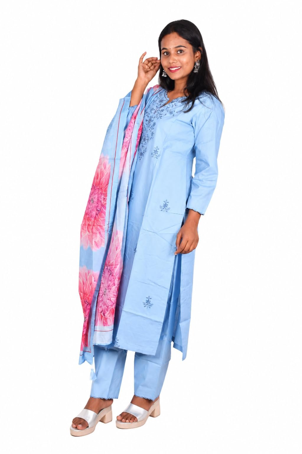 Sky Blue Pure Cotton Kurti Set with Artisanal Embroidery & Handcrafted Floral Dupatta|AYA FASHION - Image 2