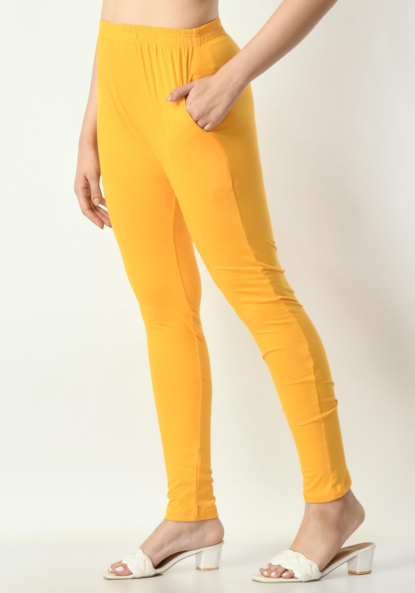 Womens Solid Side Pocket Soft Cotton Stretchable Leggings (Pack of 2) Yellow,Mehndi - Image 6