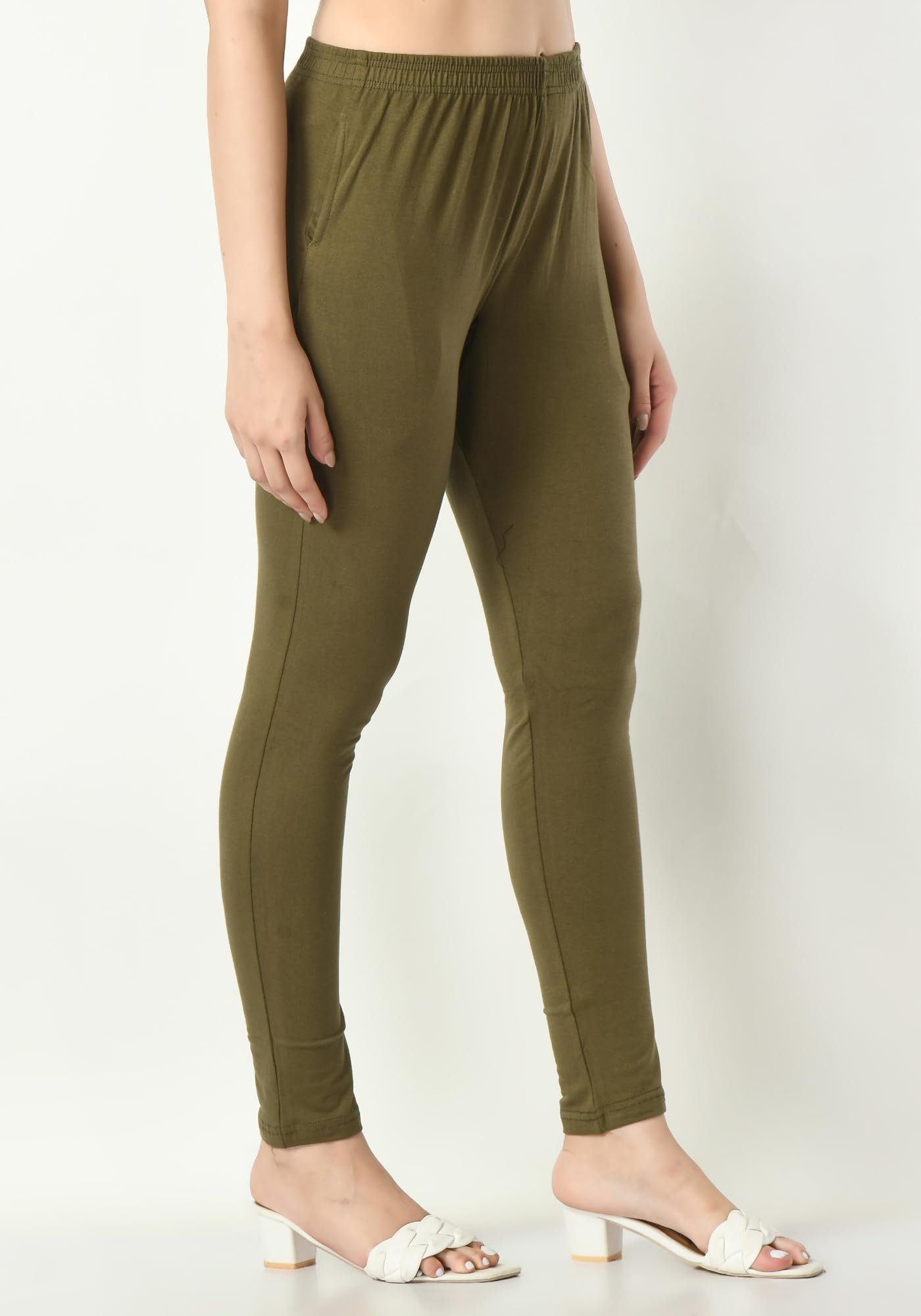 Womens Solid Side Pocket Soft Cotton Stretchable Leggings (Pack of 2) Green,Mehndi - Image 4