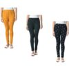Women Cotton Printed Slim Side Pocket Leggings Pants (Pack of 3) Mustard,Bottle Green,Black3
