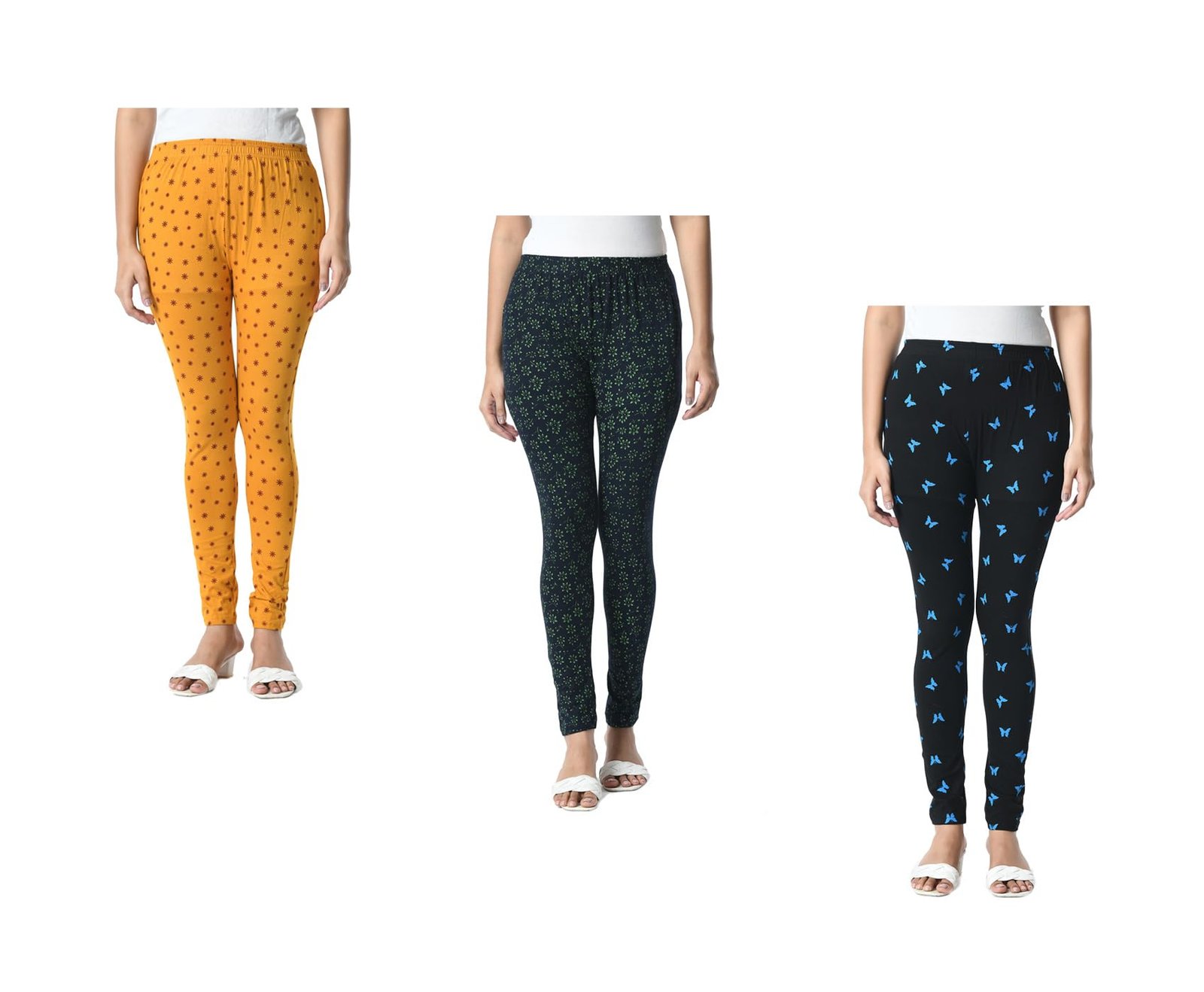Women Cotton Printed Slim Side Pocket Leggings Pants (Pack of 3) Mustard,Bottle Green,Black3